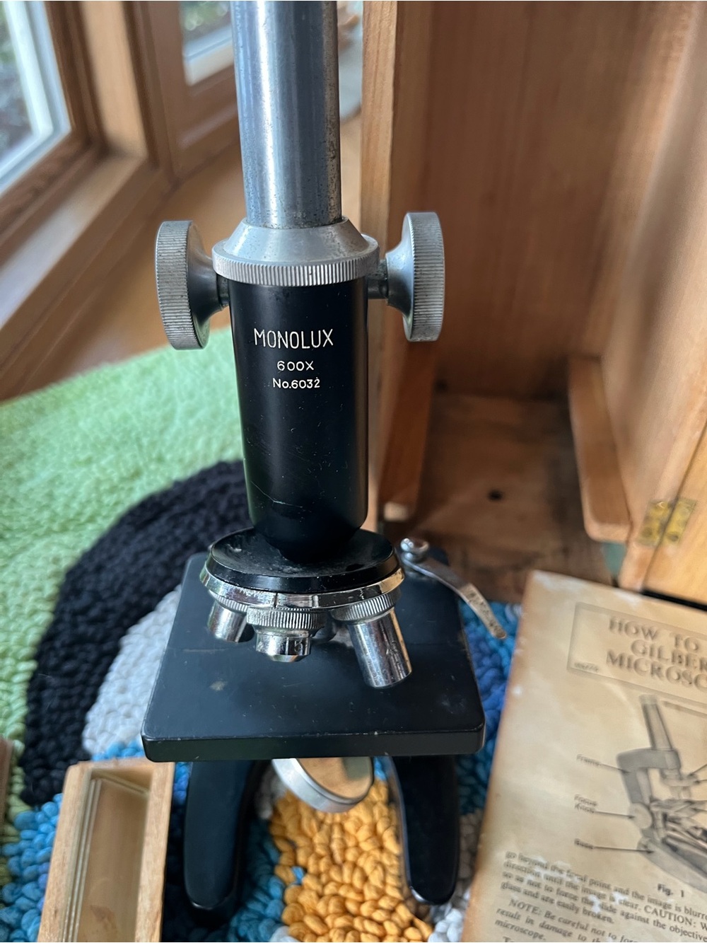 Vintage Monolux 600X Microscope No. 6032 with Wooden Box and Manual